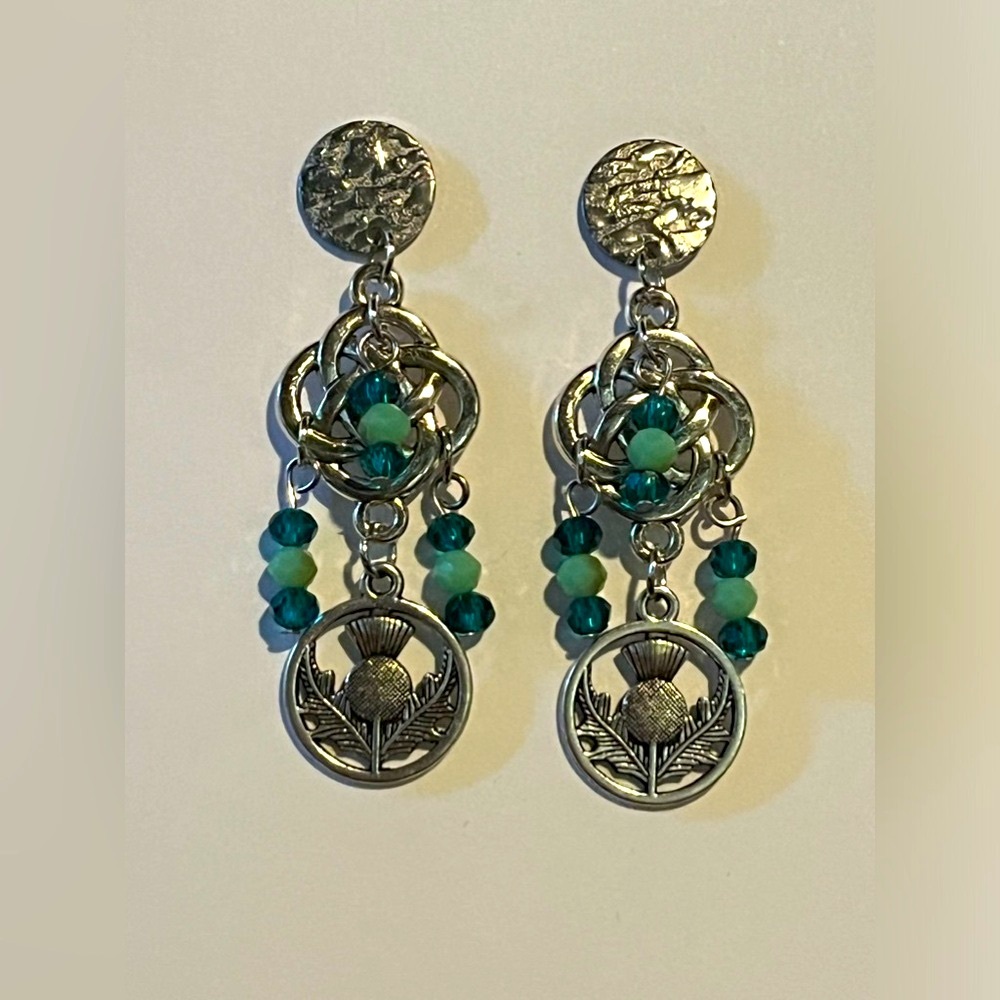 NEW Celtic knot and thistle dangle earrings with green beaded accents